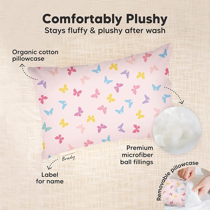 Mini Toddler Pillow with Pillowcase - 9x13 My Little Dreamy Travel Kids Pillow for Sleeping, Toddler Bed, Small, Tiny, Organic Cotton Pillowcase, Soft & Breathable, Kids 2-4 Years Old (Flutter)