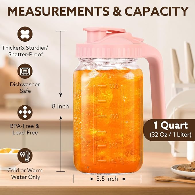 Breast Milk Pitcher, 32 OZ Mason Jar Pitcher with Lid Double Leak Proof,1 Quart Breastmilk Storage Containers for Fridge, Glass Jug for Sun Tea, Juice, Cold Brew Coffee