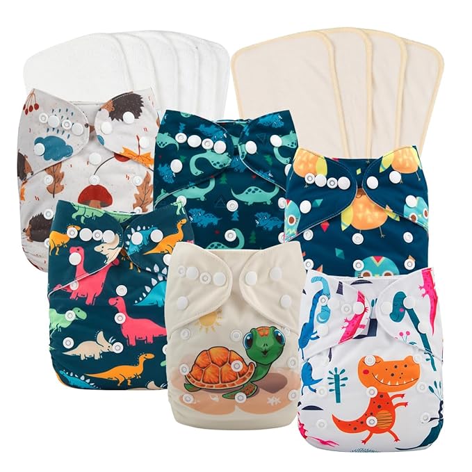 babygoal Reusable Cloth Diapers 6 Pack+10pcs Inserts, One Size Adjustable Washable Pocket Nappy Covers for Baby Boys and Girls 6FB20