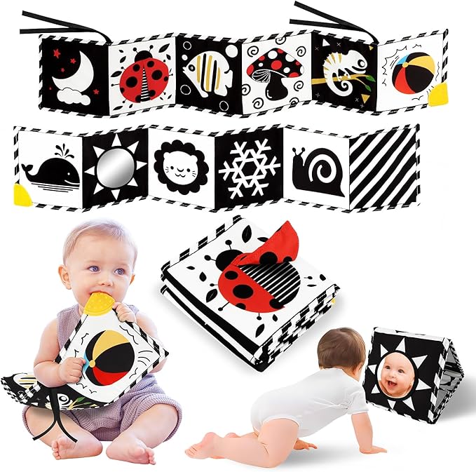 Tummy Time Toys, High Contrast Baby Book with Mirror & Teether, Black and White Infant Books, 0-6-12 Months Soft Book for Newborn, Sensory Books, Tummy Time Car Seat Toys 0-6 Month Boy Girl Gift
