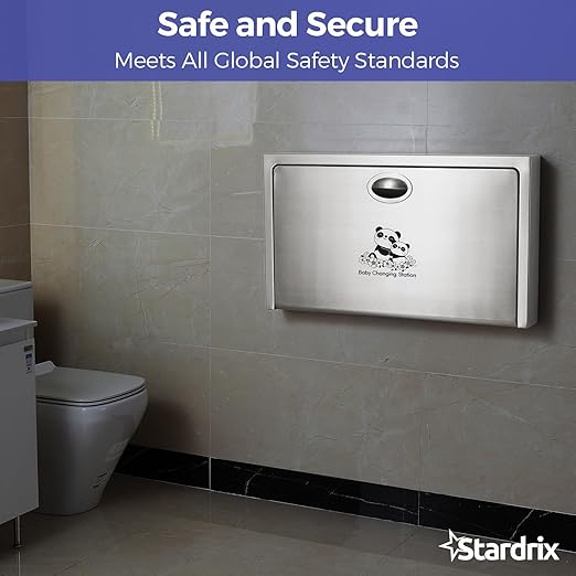 Panda Care Stainless Steel Surface Mounted Baby Changing Station, Heavy Duty Foldable Diaper Changing Table with Liner Dispenser and Adjustable Safety Belt for Commercial and Business