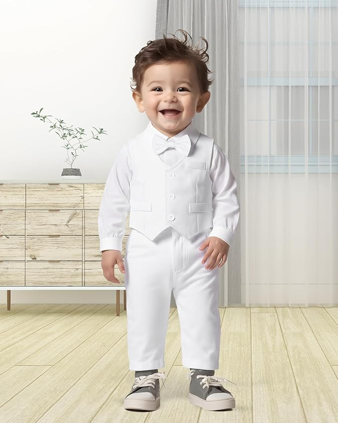 Baby Boy Clothes Suits Infant Gentleman Wedding Outfit Formal Dress Shirt Vest Bowtie Pants 4Pcs Baby Suit Sets