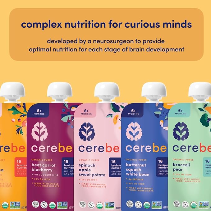Cerebelly Organic Baby Food Pouches, Carrot Pumpkin Purees, 16 Nutrients, No Added Sugar, Fiber & Non-GMO, 4oz, 12 Pack