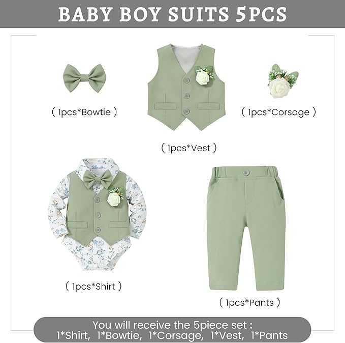 SANMIO Baby Boy Clothes Suits Infant Gentleman Outfit Collared Dress Shirt+Vest+Tie+Corsage+Pants 5Pcs Baby Suit Sets