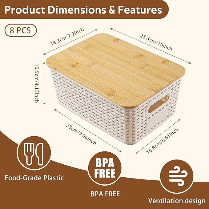 8 Pack Plastic Storage Bins with Bamboo Lids - Stackable Storage Baskets with Handle for Pantry Organizer and Storage, Plastic Containers Bins for Kitchen Bathroom Classroom Office Shelves