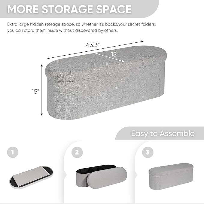 B FSOBEIIALEO Ottoman with Storage for Living Room, Sherpa Folding Storage Ottoman Foot Rest, 43.3 Inches Collapsible Bedroom Bench Grey