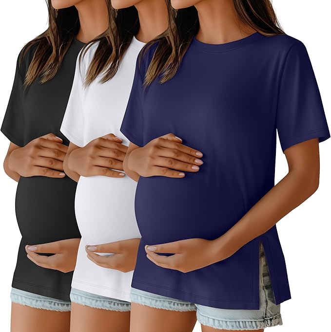 Ficerd 3 Pack Women's Maternity T Shirts, Short Sleeve Side Split Pregnancy Tops Casual Crew Neck Pregnant Tees Mama Clothes
