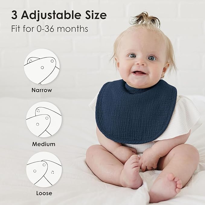 8-Pack Baby Muslin Bibs, Soft Cotton Drool Bibs for Boys Girls, Adjustable and Absorbent Newborn Bib Set for Feeding and Drooling