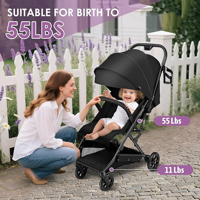 Lightweight Stroller, One-Hand Fold Compact Travel Stroller from Birth to 55 lbs, UPF 50+ Large Canopy & 5-Point Harness, Adjustable Reclining Seat- Black