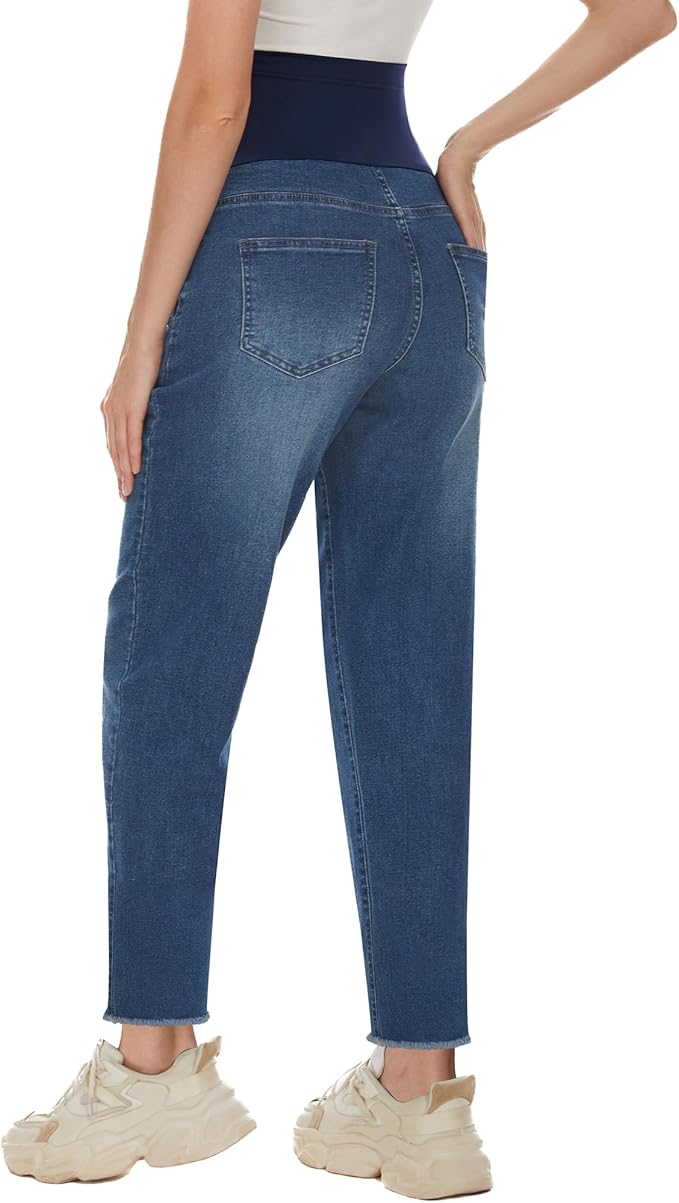 POSHGLAM Women's Maternity Jeans Over Belly Comfy Stretch 28'' Boyfriend Jeans Loose Pregnancy Pants, S-XXL