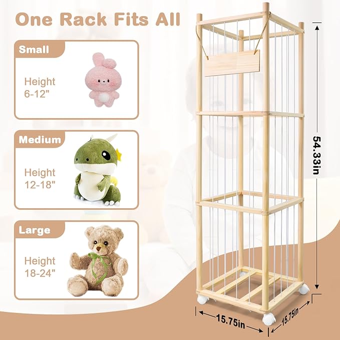 Stuffed Animal Storage, Wooden Cute Zoo Toy Holder with Brake Wheels, Space Save Toy Organizer, Large Capacity Stuffed Animal Holder, Perfect for Nursery Playroom Kidroom Bedroom-54 Inch