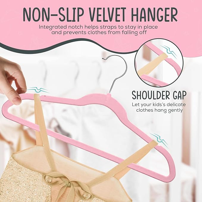 50 Premium Kids Velvet Hangers - 14" Non-Slip Clothes Hangers for Kids & Preteens - Ultra Slim, Space-Saving, Strong & Durable Hangers with 360° Swivel Hook - Pink