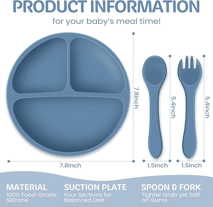 6 Pack Suction Plates for Baby with Spoon Fork Divided Toddler Plate with Suction Silicone Baby Self Feeding Set for Boys Girls (Dark Gray, Army, Dark Blue, Orange, Khaki, Pink)