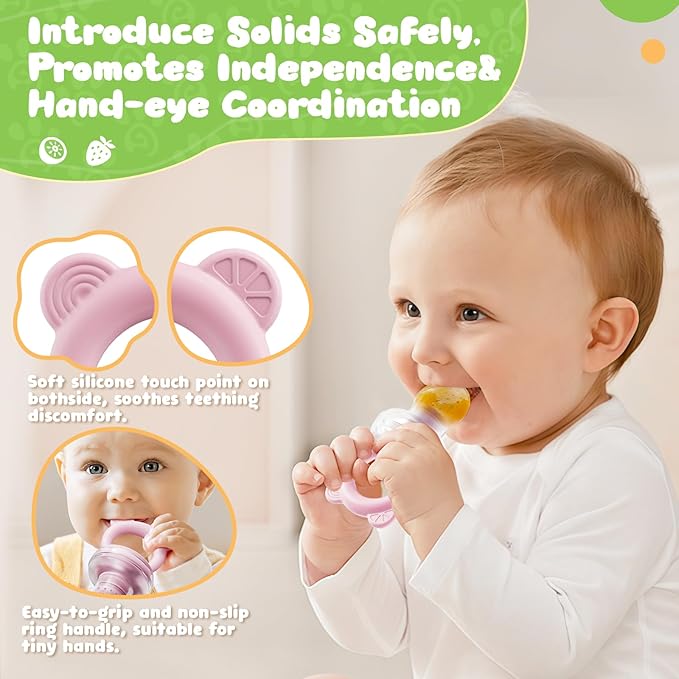 Bear Baby Fruit Food Feeder & Mini Freezer Nibble Tray Combo, 2 Pack Breastmilk Popsicle Molds for Baby Teething Relief, BPA Free Silicone Feeder for Safe Infant Self Feeding, Dishwasher Safe, Pink