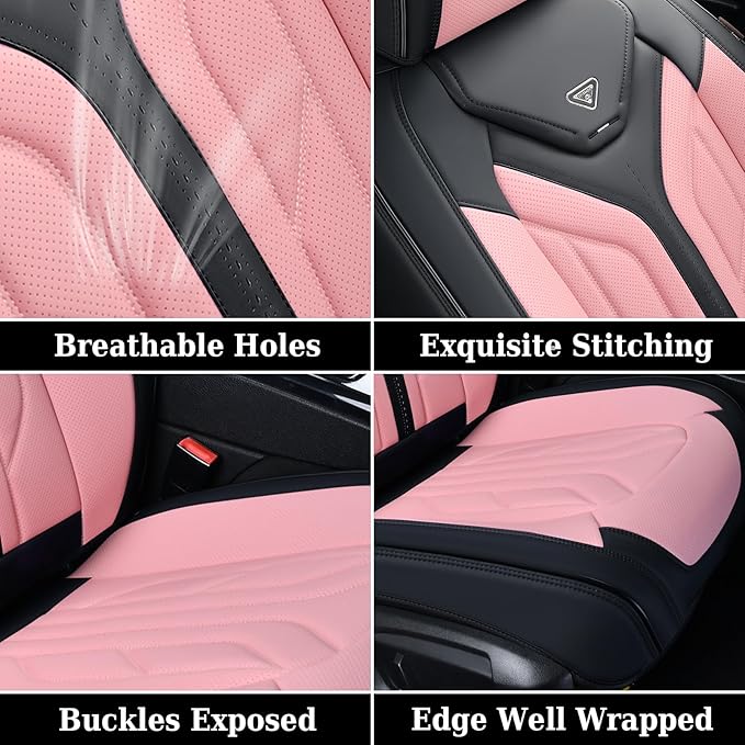 Coverado Front Seat Covers, Car Seat Covers Front Seats, Leather Seat Covers for Cars, Automotive Seat Covers Car Seat Protector Car Accessories Fit for Most Sedans SUV Pick-up Truck(Black&Pink)