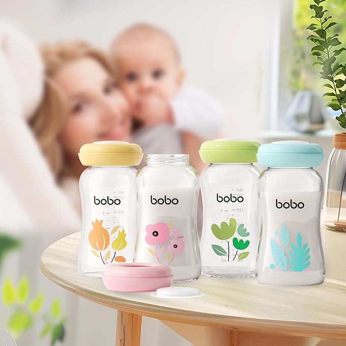 YOHKOH Glass Breast Milk Storage Bottles - 100% Leak-Proof, BPA-Free Breastmilk Storage Containers, Freezer & Dishwasher Safe, Ideal for Nursing Mothers (Multicolor, 5.4oz (Pack of 6))
