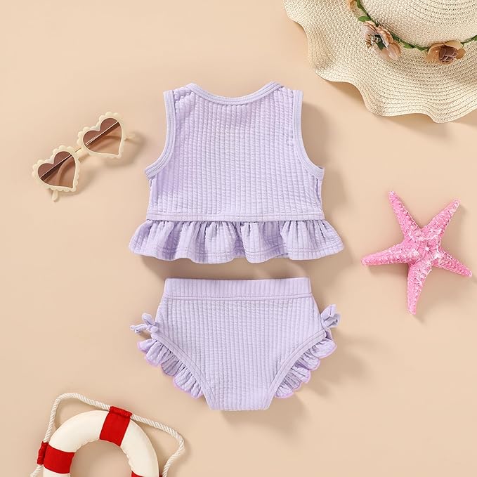 HAPPYMA Baby Swimsuit Toddler Girl Bathing Suit Summer Solid Color Bikini Set Beach Two Piece Swim Wear