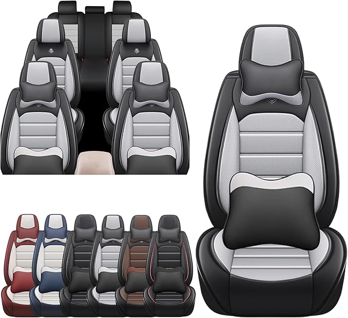JOJ Fit for Toyota Highlander 2001-2022 Seat Covers,7 Seat Car Seat Cover,No-Slip Waterproof Breathable Faux Leather Automotive Seat Covers Auto Interior Covers,Full Set with Pillow,Black Gray
