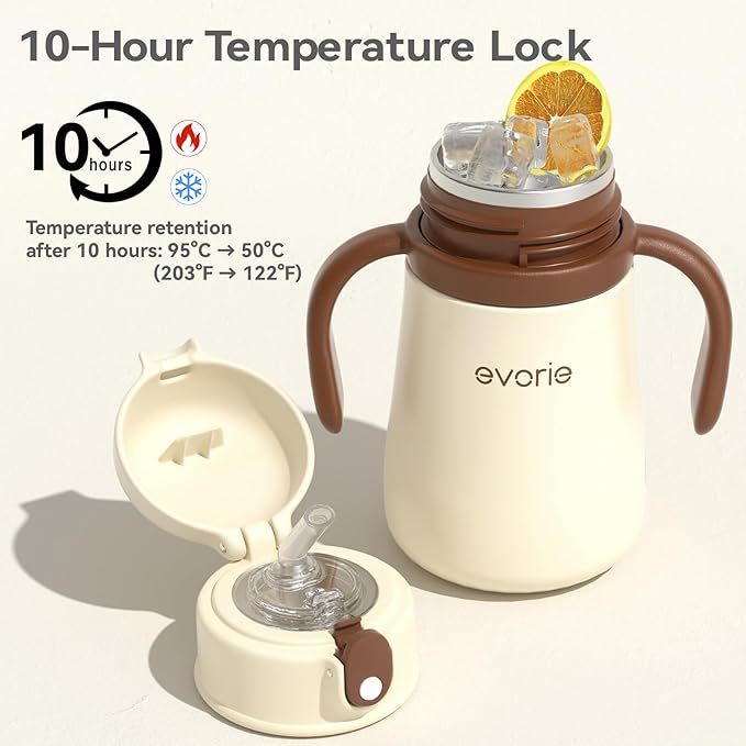 Evorie Leak Proof Vacuum Insulated Water Bottle, 316L Stainless Steel Sippy Cup for Toddlers, 11 oz Straw Cup with Handle & Adjustable Strap, Keeps Drinks Warm or Cold (1 Pack, White)