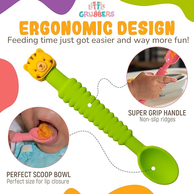 3-in-1 Silicone Baby Spoon Self Feeding 6+ Months - Pediatric OT Designed Teether Spoon, BPA Free Toddler Utensils, Mess-Free, Fun for Baby Led Weaning Supplies, Cow & Duck
