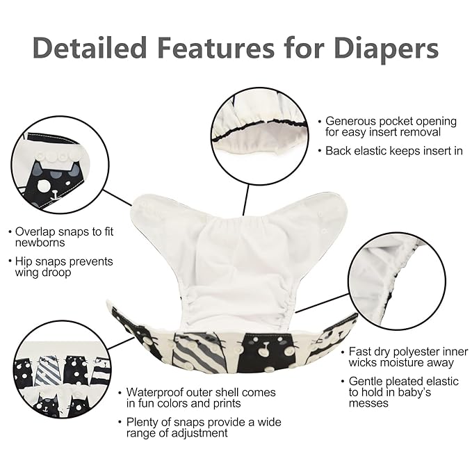 Babygoal Baby Reusable Neutral Cloth Diapers 6 Pack with 10pcs Inserts, One Size Adjustable Washable Pocket Nappy Covers for Baby Boys and Girls 6FN05