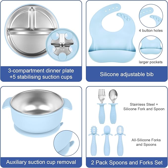 Stainless Steel Kids Plates And Bowls with Suction, Divided Baby Plate And Kid Bowl With Removable, Silicone Baby Plate Feeding Set, Non Toxic & BPA Free (Blue)