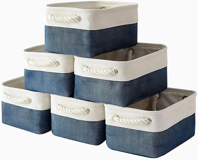 Storage Basket for Organizing - 12x8x5.2 inch Small 6 Pack Fabric Storage Bin Collapsible Baskets for Shelves with Rope, Storage Box for Cloth Decorative Laundry Canvas(White & Blue)