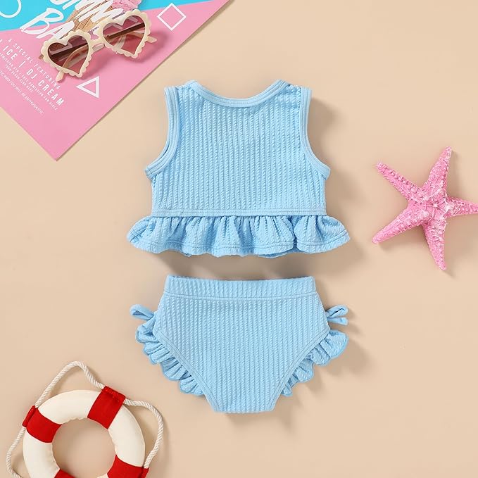 HAPPYMA Baby Swimsuit Toddler Girl Bathing Suit Summer Solid Color Bikini Set Beach Two Piece Swim Wear