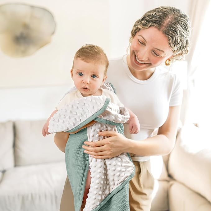 lulumoon Baby Blanket for Newborn Receiving: Minky Dot & Muslin Lightweight - Thermal Blanket Gift for Baby Shower & Hospital Welcoming 30"x40"（Sage）
