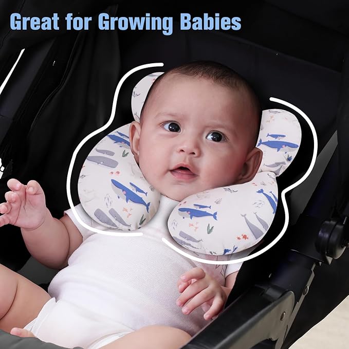 KAKIBLIN Baby Travel Pillow,Upgraded Baby Neck Pillows for Car Seat,Support Pillow,Infant Pillows for Head and Neck,Newborn Head Support for Car Seat,Pushchair (Whale)