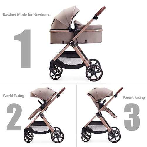 2 in 1 Baby Stroller, Newborn Infant Toddler Convertible Pram Stroller for 0-36 Months Old Babies (Beige)