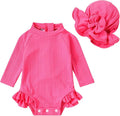 YOUNGER TREE Infant Baby Girls Swimsuit Long Sleeve Swimsuits One Piece Swimsuit Solid Color Bathing Suit with Hat, UPF 50+