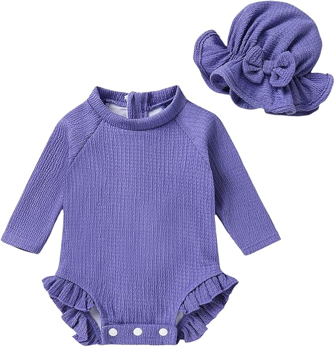 YOUNGER TREE Infant Baby Girls Swimsuit Long Sleeve Swimsuits One Piece Swimsuit Solid Color Bathing Suit with Hat, UPF 50+