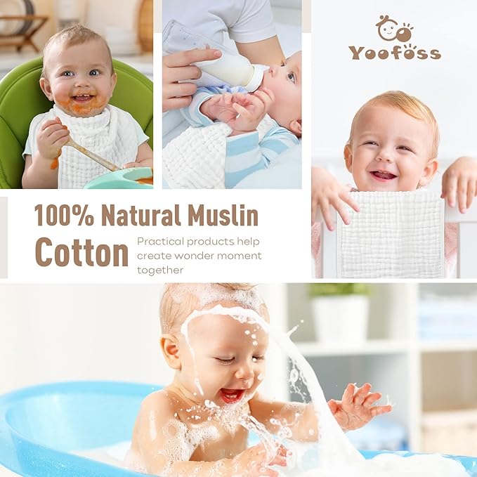 Yoofoss Muslin Burp Cloths for Baby 10 Pack 100% Organic Cotton Baby Washcloths for Boys Girls Large 20''X10'' Super Soft and Absorbent White