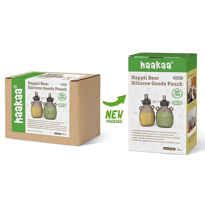 haakaa Happii Bear Silicone Goody Pouch,Reusable Baby Food Pouches for Homemade Organic Purees, Juices, Smoothies, and Yogurt - Perfect for Toddlers and Kids - 2 Pack, 6oz