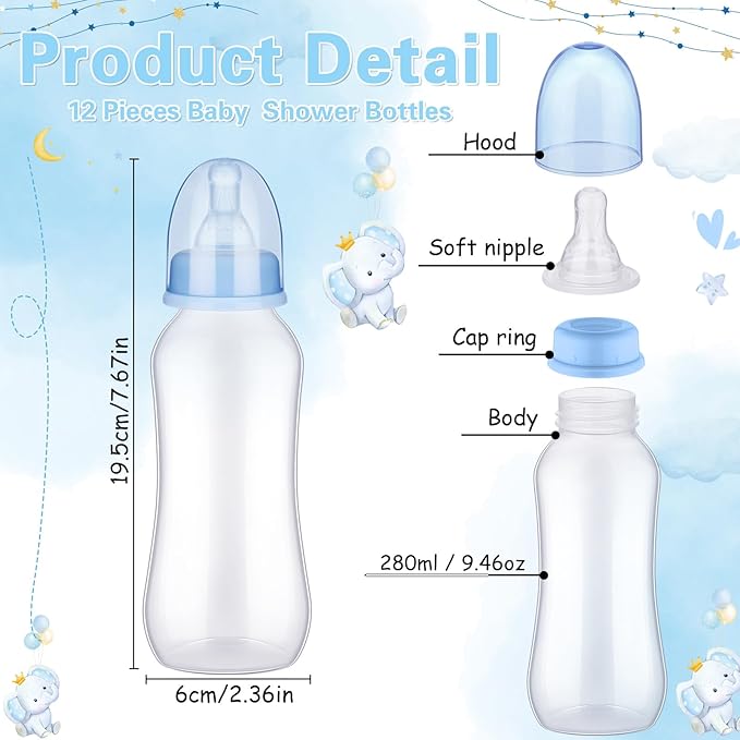 TrelaCo Cool Baby Shower Games Sets 12 Pcs Feeding Bottles with 1 Bottle Chug Sign for Gender Reveal Baby Shower Party Favors Decoration Games(Elephant,Blue)