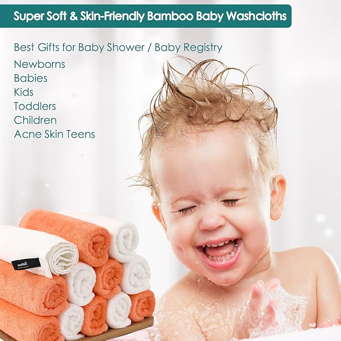 Baby Washcloths 12 Pack, 10x10 inch Small Wash Cloths for Face and Body, Super Soft & Gentle Orange Face Towels on Sensitive Skin, Baby Registry Bath Shower Gifts for Newborn Kid Toddler Children