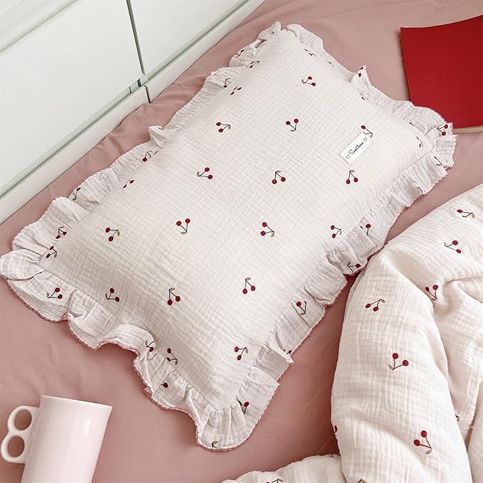 AOJIM Pink Cotton Muslin Kids Toddler Pillowcase Super Soft Baby Crib Bedding Pillowcase with Ruffle Edges Machine Washable Cherry Nursery Pillowcase for Boys Girls, Durable Kids Pillow Cover, 14x20''