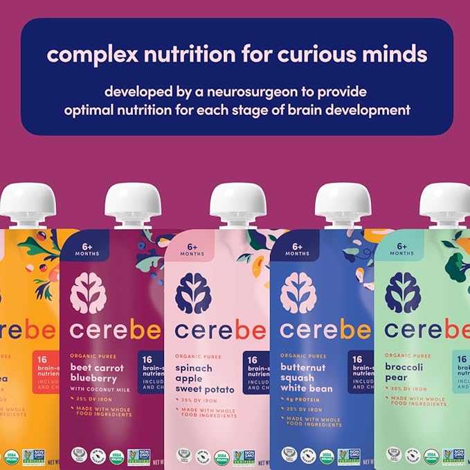 Cerebelly Organic Baby Food Pouches, Beet Carrot Blueberry Purees, 16 Nutrients, No Added Sugar, Fiber & Non-GMO, 4oz, 12 Pack