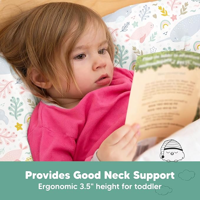 KeaBabies Toddler Pillow with Pillowcase, Jumbo 14X20 - Soft Organic Cotton Toddler Pillows for Sleeping - Machine Washable - Perfect for Travel, Toddler Bed Set (Narwhal)