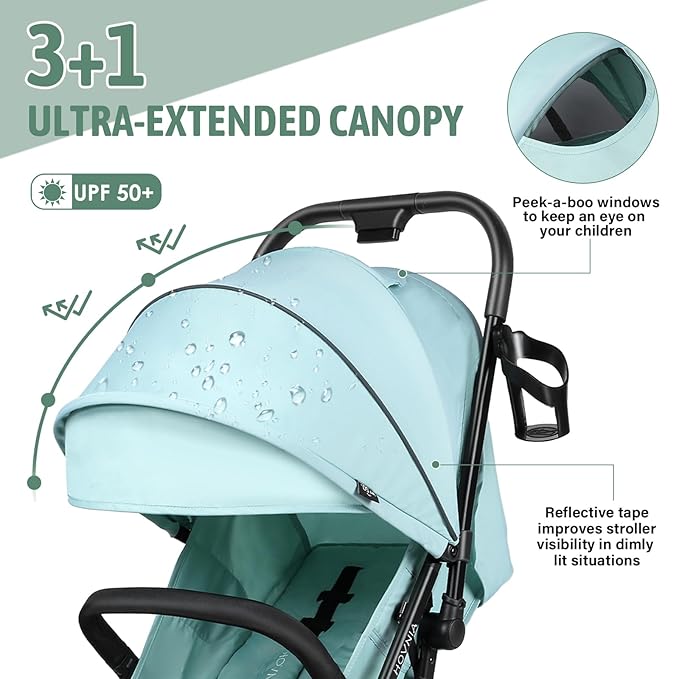 Lightweight Stroller, One-Hand Fold Compact Travel Stroller from Birth to 55 lbs, UPF 50+ Large Canopy & 5-Point Harness, Adjustable Reclining Seat- Green