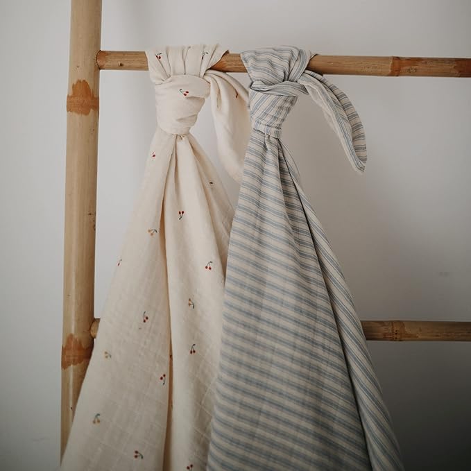 mushie Muslin Baby Swaddle Blanket | 100% Organic Cotton (Sage Stripe)