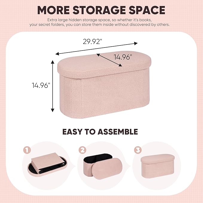B FSOBEIIALEO Ottoman with Storage for Living Room, Sherpa Folding Storage Ottoman Foot Rest, 30 Inches Collapsible Bedroom Bench Pink
