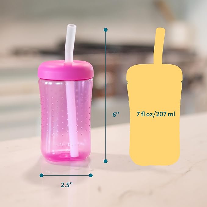 The First Years Squeeze & Sip Toddler Straw Cups - Squeezable Transition Sippy Cup with Silicone Straw - Toddler Feeding Supplies - Yellow/Pink/Orange - 7 Oz - 3 Count - Ages 6 Months and Up