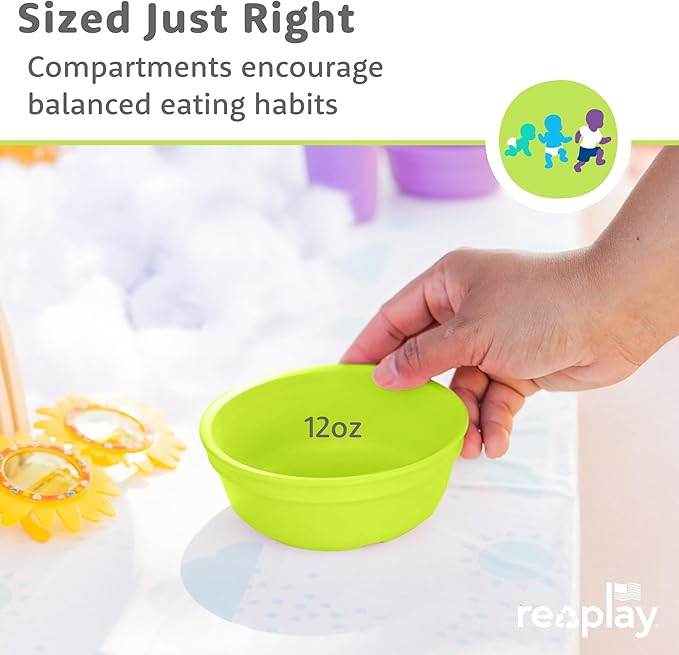 Re-Play 12 oz. Toddler Bowls Set of 4 - Kids Deep-Walled, Durable & Reusable Snack and Meal Bowls, Dishwasher & Microwave Safe, BPA-Free, Made in USA from Recycled Plastic, Preschool