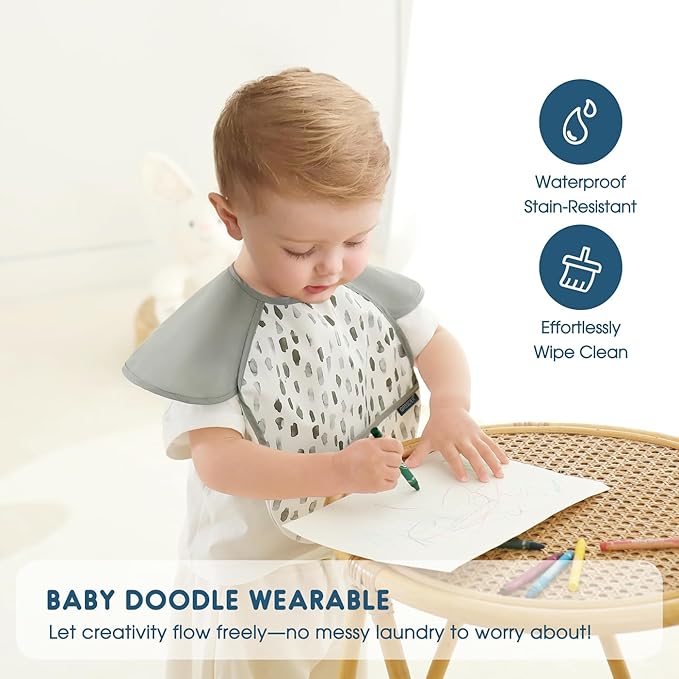 GRSSDER 3-pack Mess Proof Baby Feeding Bibs with Food Catcher Pocket, Soft Lightweight Waterproof Fabric Material with Zero Plastic-like Feel, Adjustable and Easy Clean Toddler Bibs for 6-36 Months