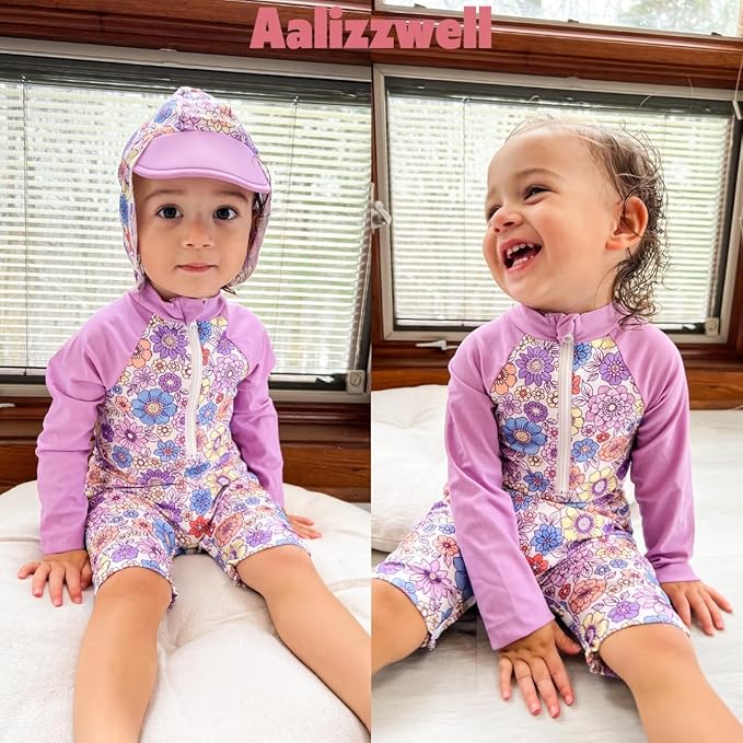 Aalizzwell Baby Girls Long Sleeve One Piece Bathing Suit with Hat