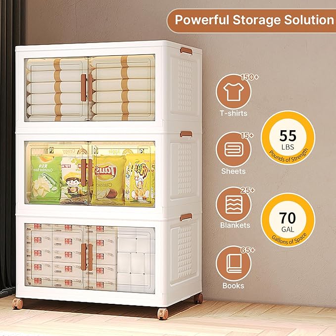 285Qt/70Gal Stackable Storage Bins with Lids and Divider, 3Pack Collapsible Drawers with Doors, Foldable Cabinet with Wheels, Plastic Closet Organizers Containers for Home, Dorm