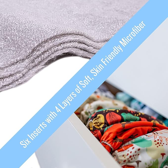 Simple Being Reusable Cloth Diapers, Double Gusset, One Size Adjustable, Washable Soft Absorbent, Waterproof Cover, Eco-Friendly Unisex Baby Girl Boy, six 4-Layers Microfiber Inserts (Space)