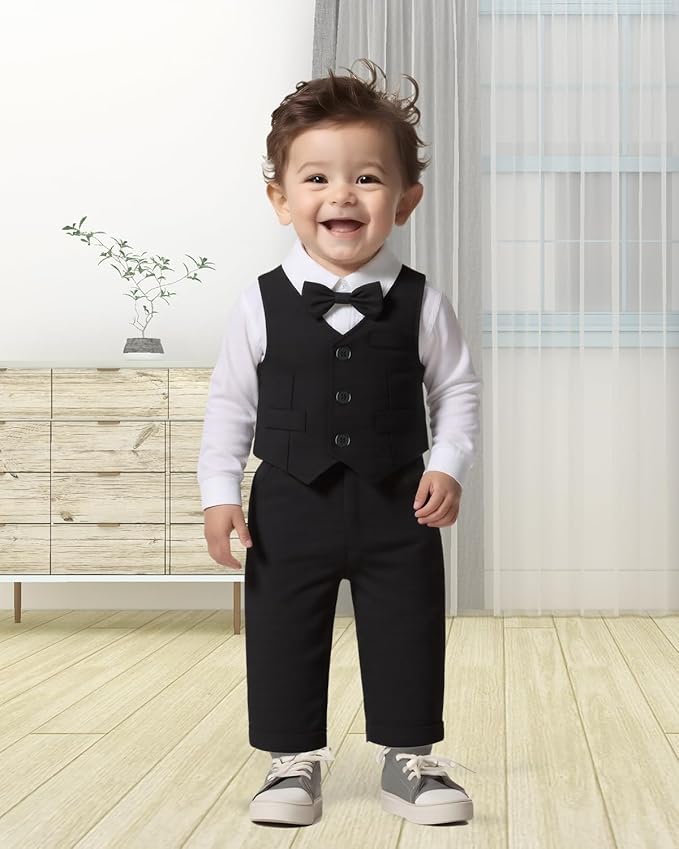 Baby Boy Clothes Suits Infant Gentleman Wedding Outfit Formal Dress Shirt Vest Bowtie Pants 4Pcs Baby Suit Sets